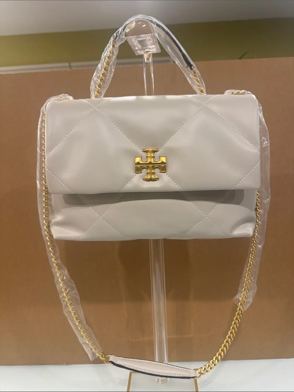Tory Burch Cream Quilted Leather Chain Shoulder Bag with Top Handle